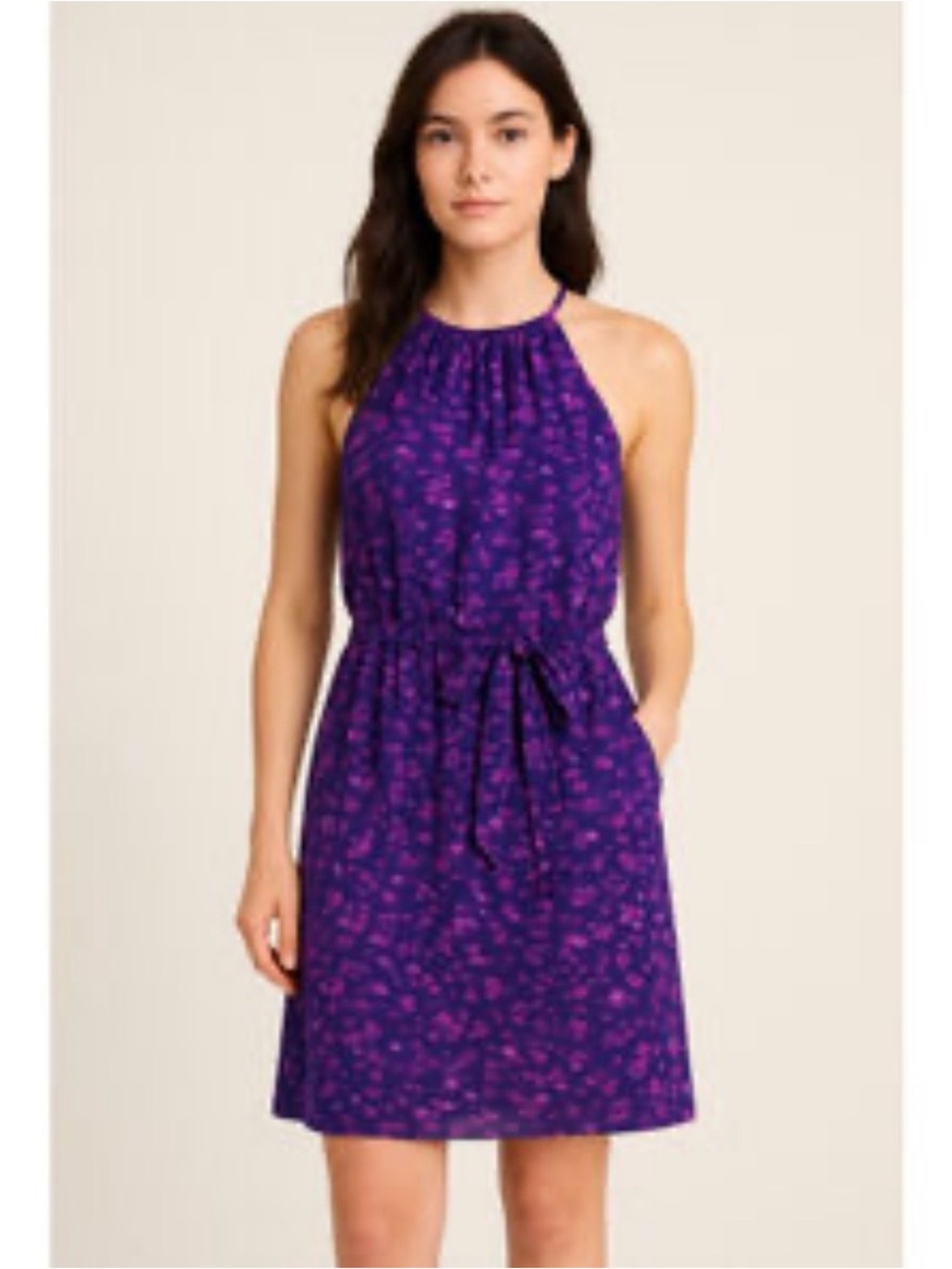 Rebecca Taylor Purple Halter Mini Dress with Pink Floral Motif